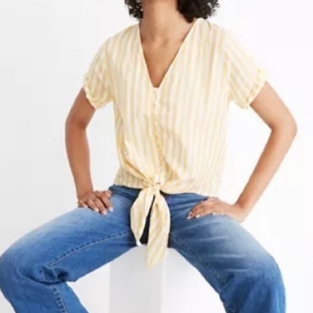 Madewell Agency Tie-Front Button Top in Pompano Stripe